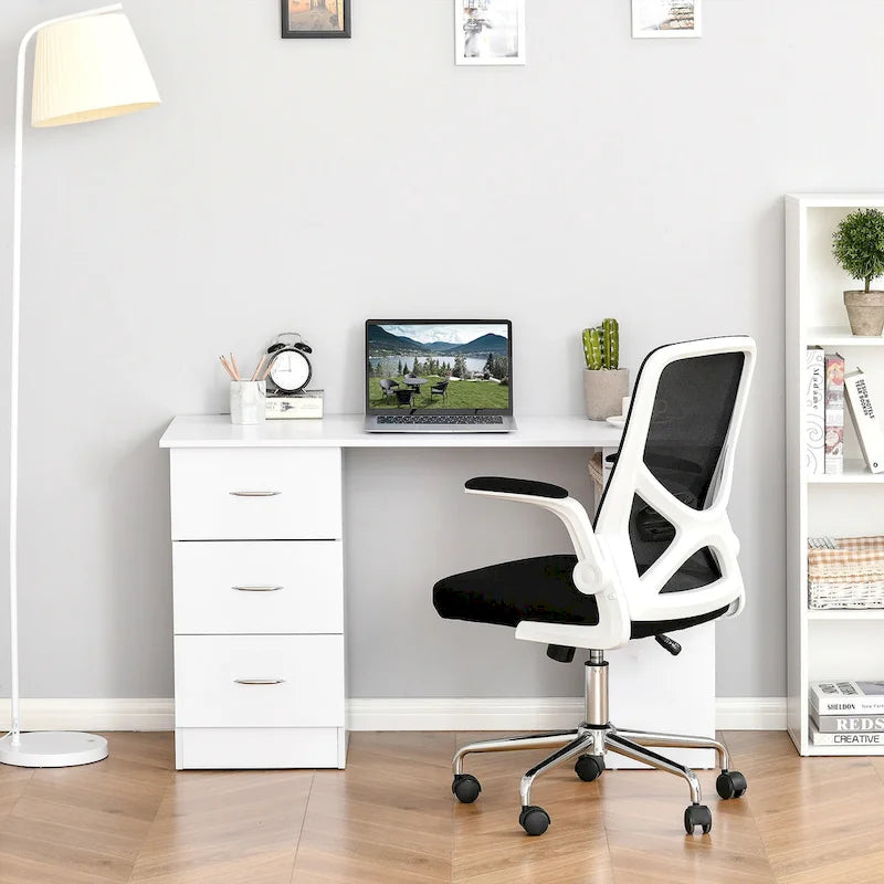 Modern Computer Office Desk with Reversible Storage Drawers and Shelves for Home Office and Dorm or Apartment Use