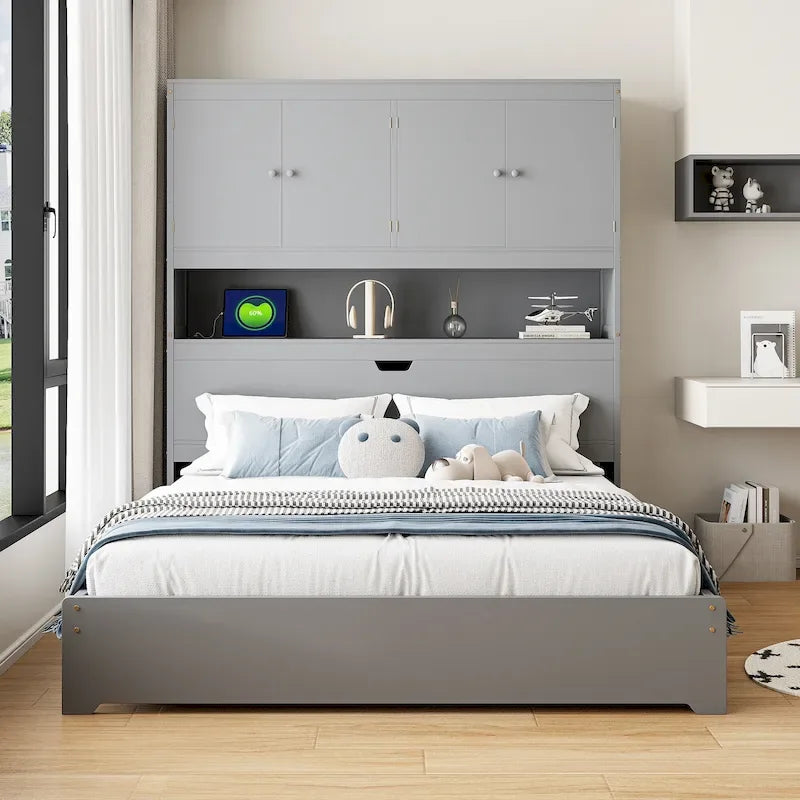 Wooden Platform Storage Bed Full Size Bed Frame with Storage Headboard