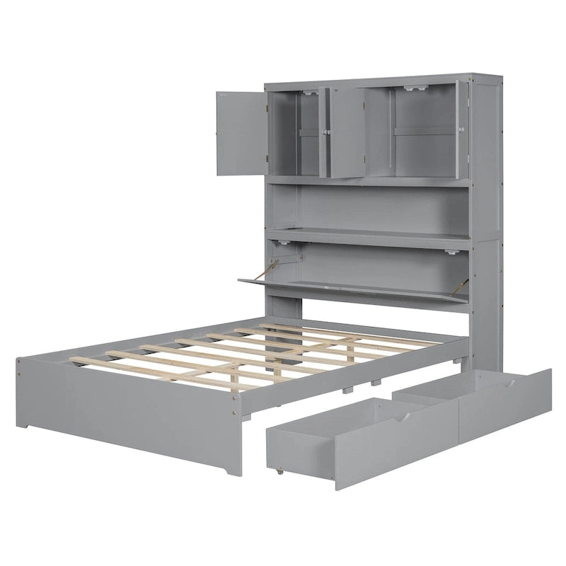 Wooden Platform Storage Bed Full Size Bed Frame with Storage Headboard