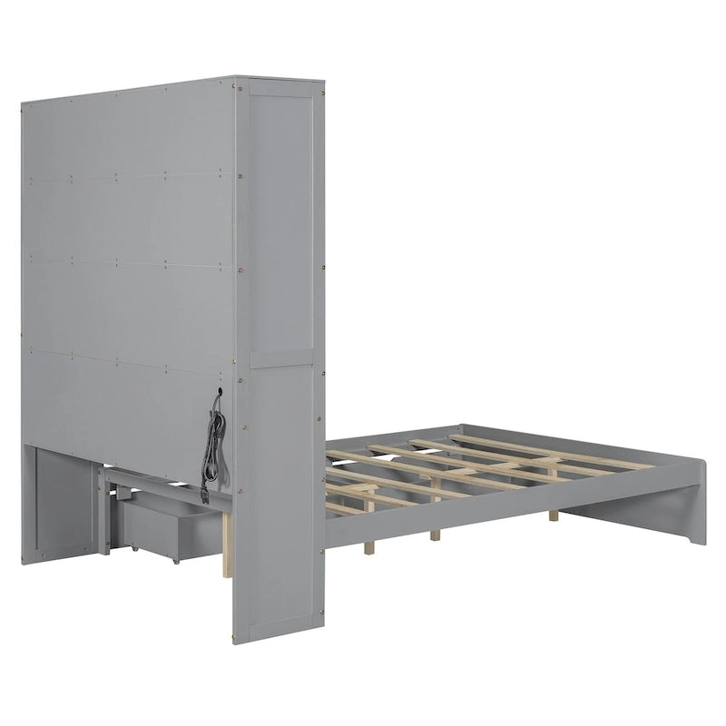 Wooden Platform Storage Bed Full Size Bed Frame with Storage Headboard