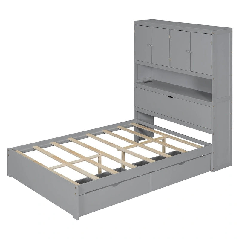 Wooden Platform Storage Bed Full Size Bed Frame with Storage Headboard