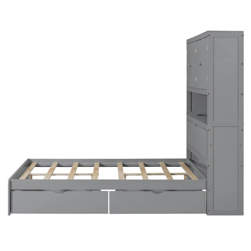 Wooden Platform Storage Bed Full Size Bed Frame with Storage Headboard