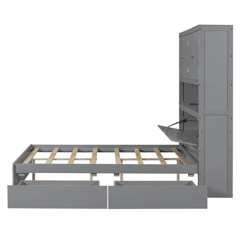 Wooden Platform Storage Bed Full Size Bed Frame with Storage Headboard