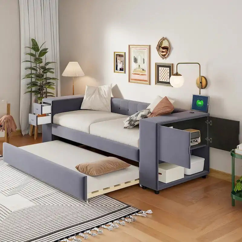 Upholstered Velvet Daybed Storage Bed Frame with USB Charging Ports