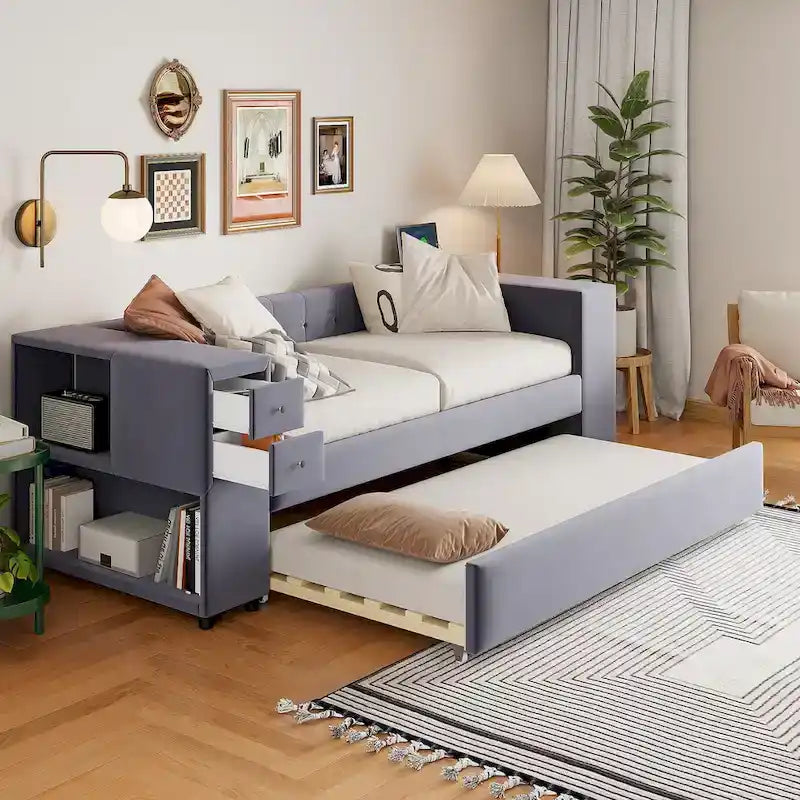 Upholstered Velvet Daybed Storage Bed Frame with USB Charging Ports