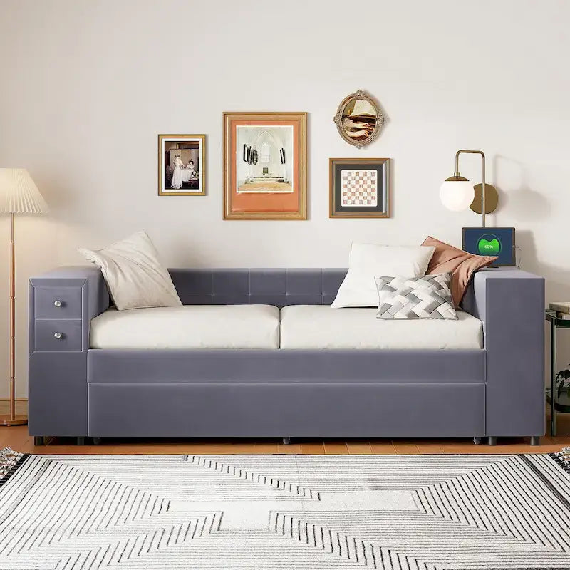 Upholstered Velvet Daybed Storage Bed Frame with USB Charging Ports