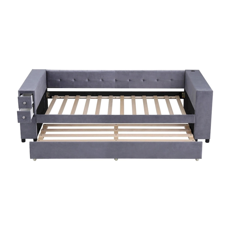 Upholstered Velvet Daybed Storage Bed Frame with USB Charging Ports