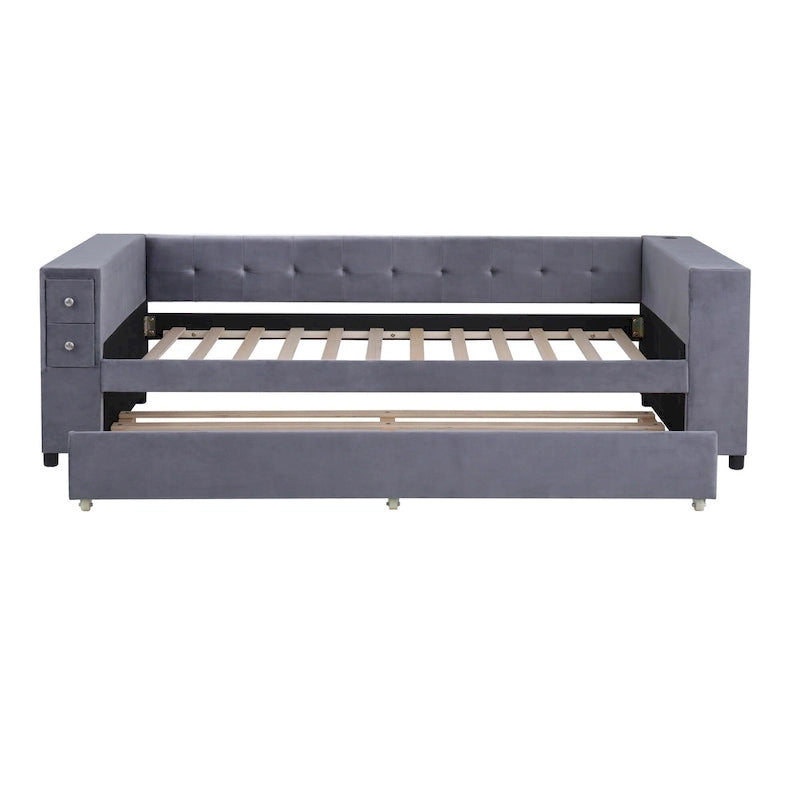Upholstered Velvet Daybed Storage Bed Frame with USB Charging Ports