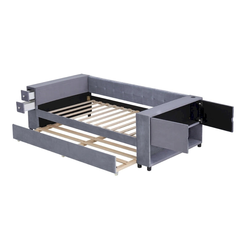 Upholstered Velvet Daybed Storage Bed Frame with USB Charging Ports