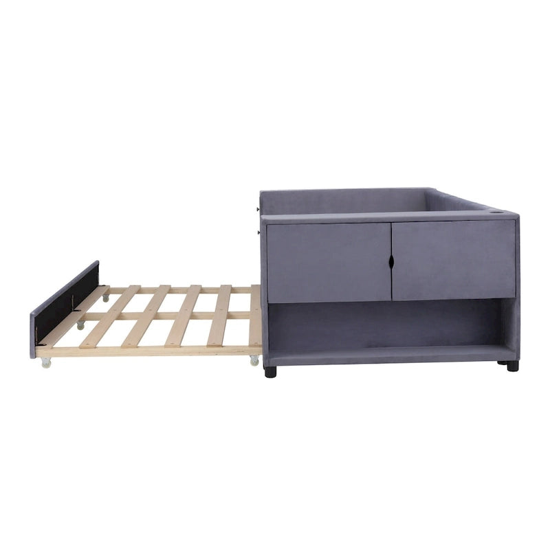 Upholstered Velvet Daybed Storage Bed Frame with USB Charging Ports
