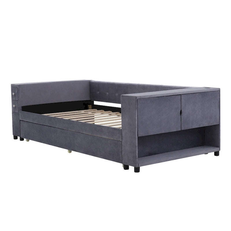 Upholstered Velvet Daybed Storage Bed Frame with USB Charging Ports
