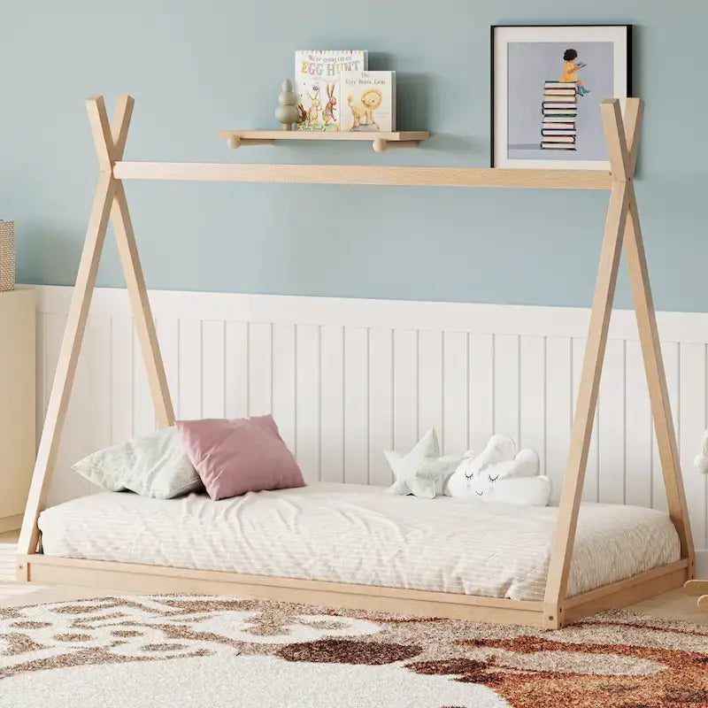 Montessori Wood Twin Tent Bed - Low-Floor House-Shaped Bed Frame for Kids/Teens - Slat-Free Design for Boys & Girls Bedrooms
