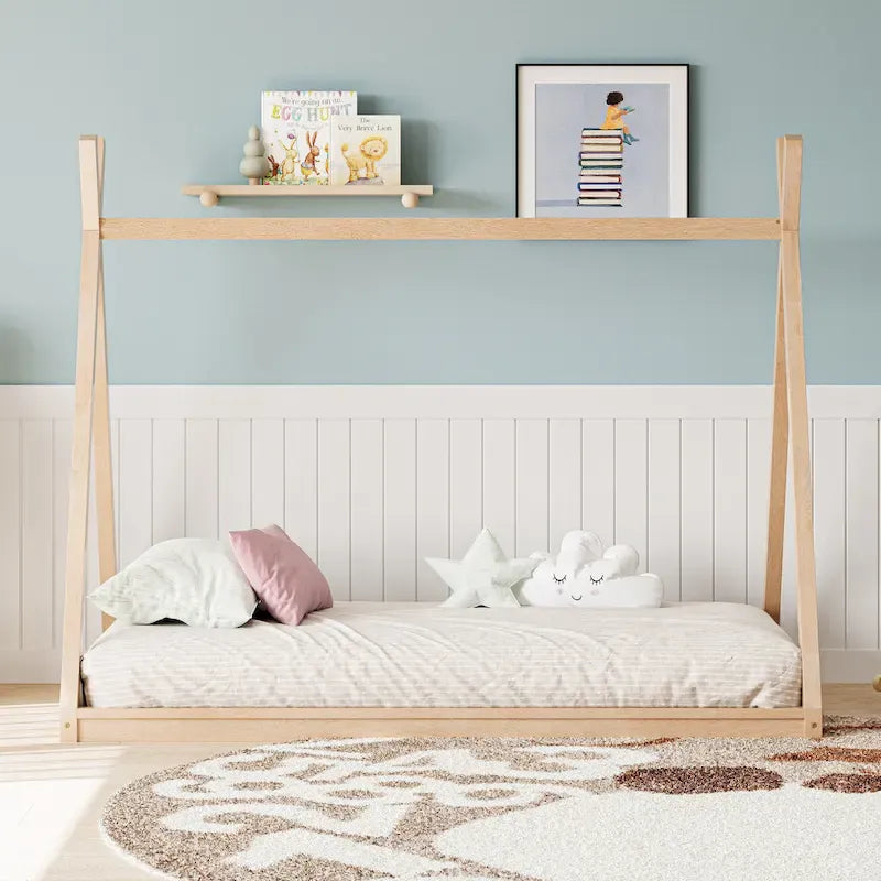 Montessori Wood Twin Tent Bed - Low-Floor House-Shaped Bed Frame for Kids/Teens - Slat-Free Design for Boys & Girls Bedrooms