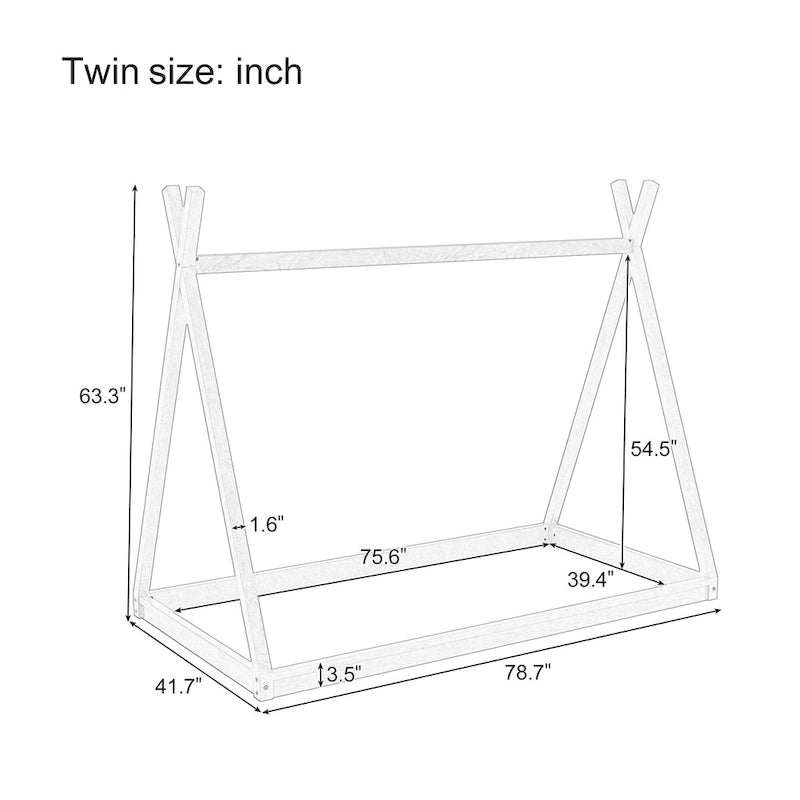 Montessori Wood Twin Tent Bed - Low-Floor House-Shaped Bed Frame for Kids/Teens - Slat-Free Design for Boys & Girls Bedrooms