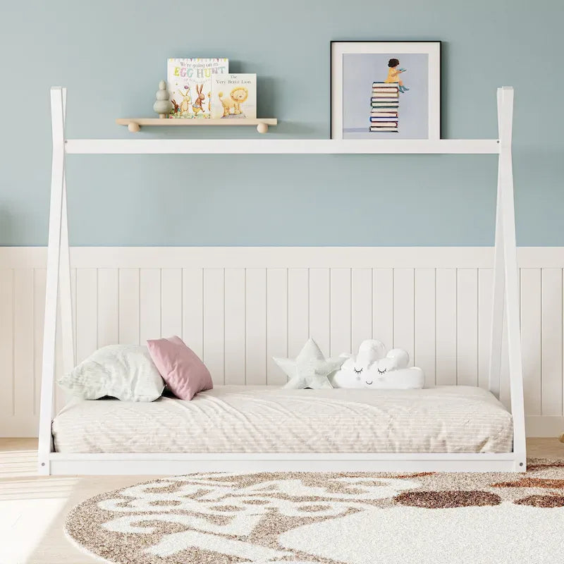Montessori Wood Twin Tent Bed - Low-Floor House-Shaped Bed Frame for Kids/Teens - Slat-Free Design for Boys & Girls Bedrooms