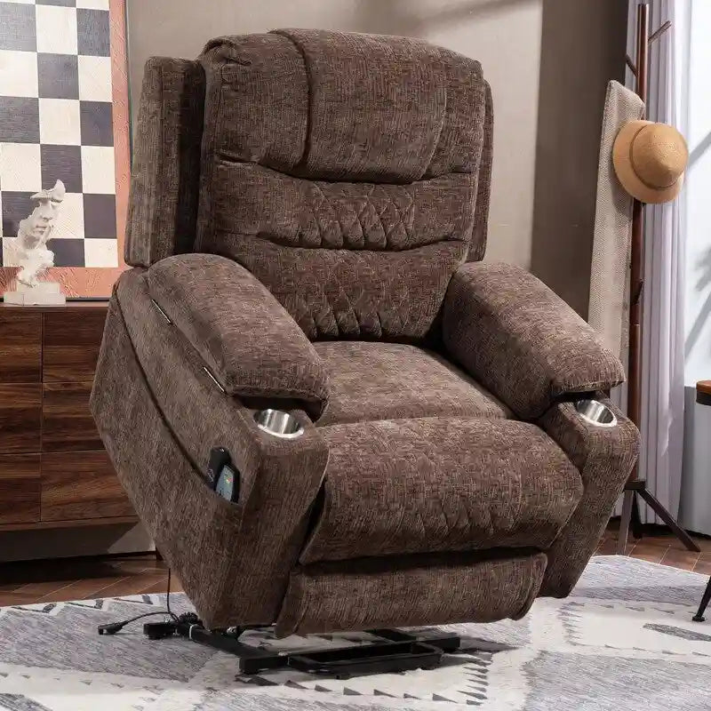 Overstuffed Chenille Power Lift Recliner With Extended Footrest,lift Assist,heat/message,ubs/type C Charging & Storage