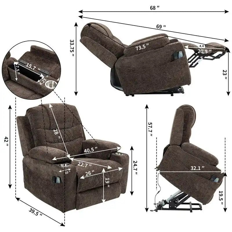Overstuffed Chenille Power Lift Recliner With Extended Footrest,lift Assist,heat/message,ubs/type C Charging & Storage