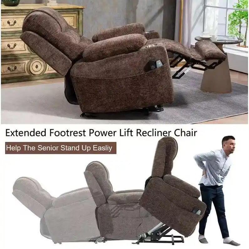 Overstuffed Chenille Power Lift Recliner With Extended Footrest,lift Assist,heat/message,ubs/type C Charging & Storage