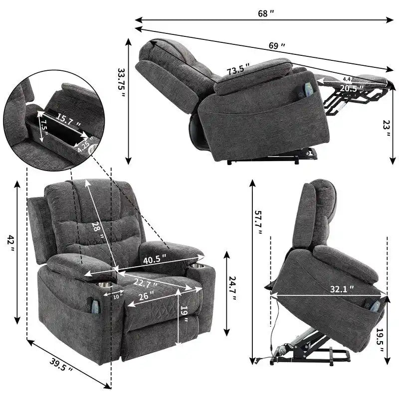 Overstuffed Chenille Power Lift Recliner With Extended Footrest,lift Assist,heat/message,ubs/type C Charging & Storage