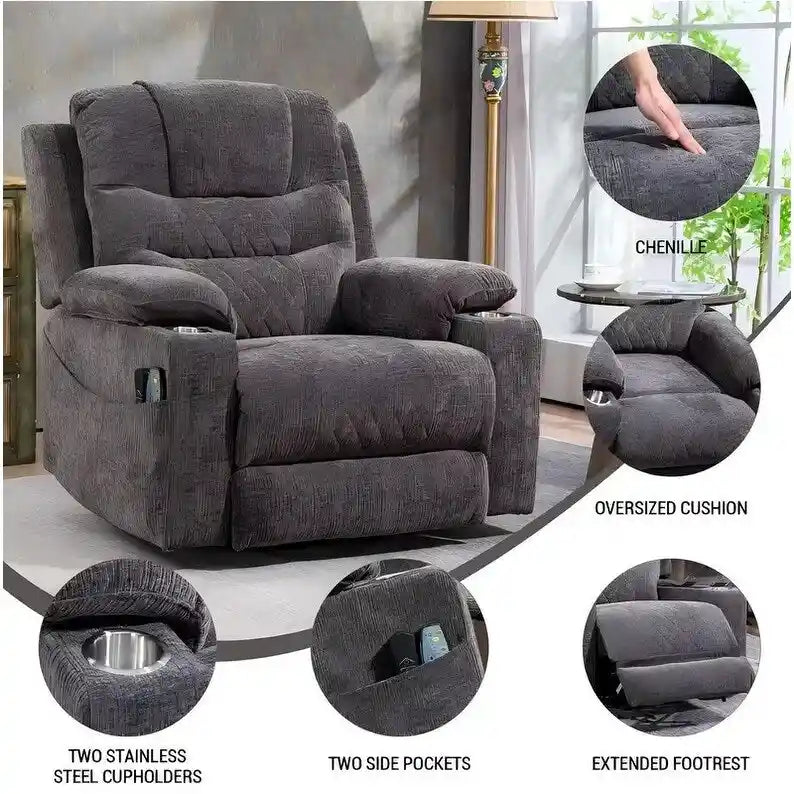 Overstuffed Chenille Power Lift Recliner With Extended Footrest,lift Assist,heat/message,ubs/type C Charging & Storage