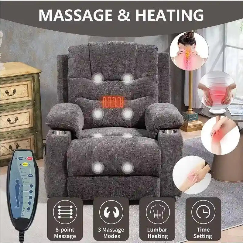 Overstuffed Chenille Power Lift Recliner With Extended Footrest,lift Assist,heat/message,ubs/type C Charging & Storage