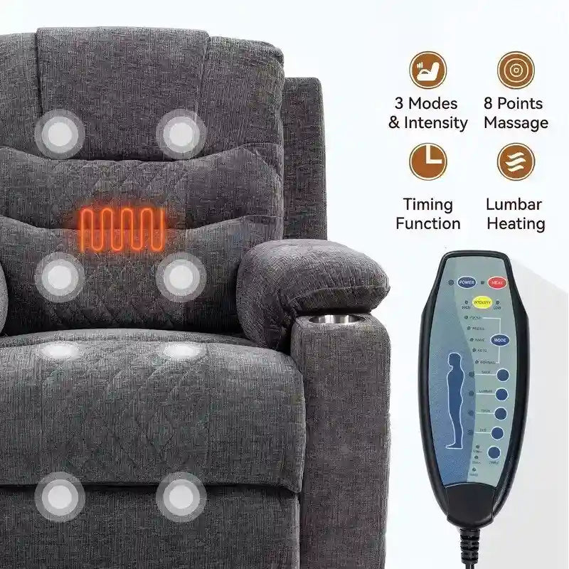 Overstuffed Chenille Power Lift Recliner With Extended Footrest,lift Assist,heat/message,ubs/type C Charging & Storage