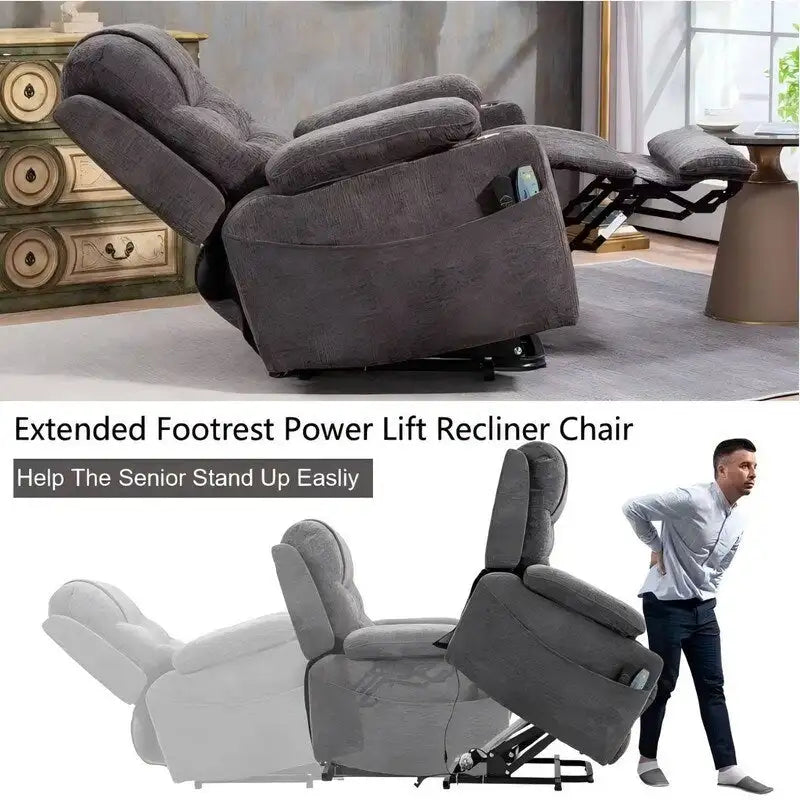 Overstuffed Chenille Power Lift Recliner With Extended Footrest,lift Assist,heat/message,ubs/type C Charging & Storage
