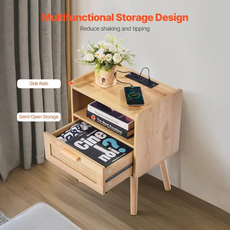 Natural Wooden Nightstand End Table with 1 Drawer and Open Shelf Suitable for Living Room or Bedroom