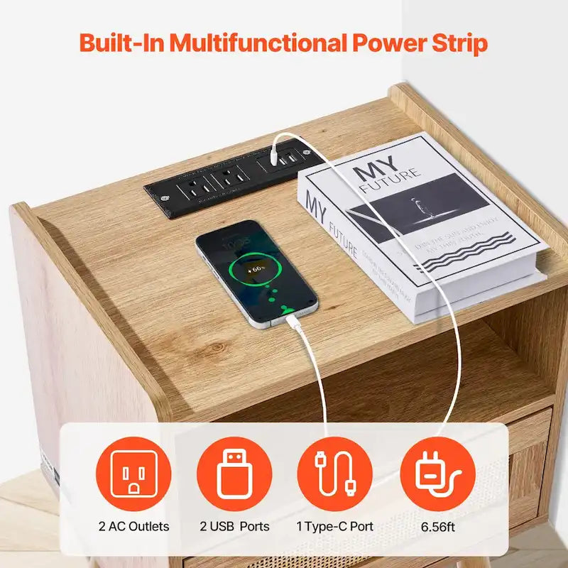 Natural Wooden Nightstand End Table with 1 Drawer and Open Shelf Suitable for Living Room or Bedroom