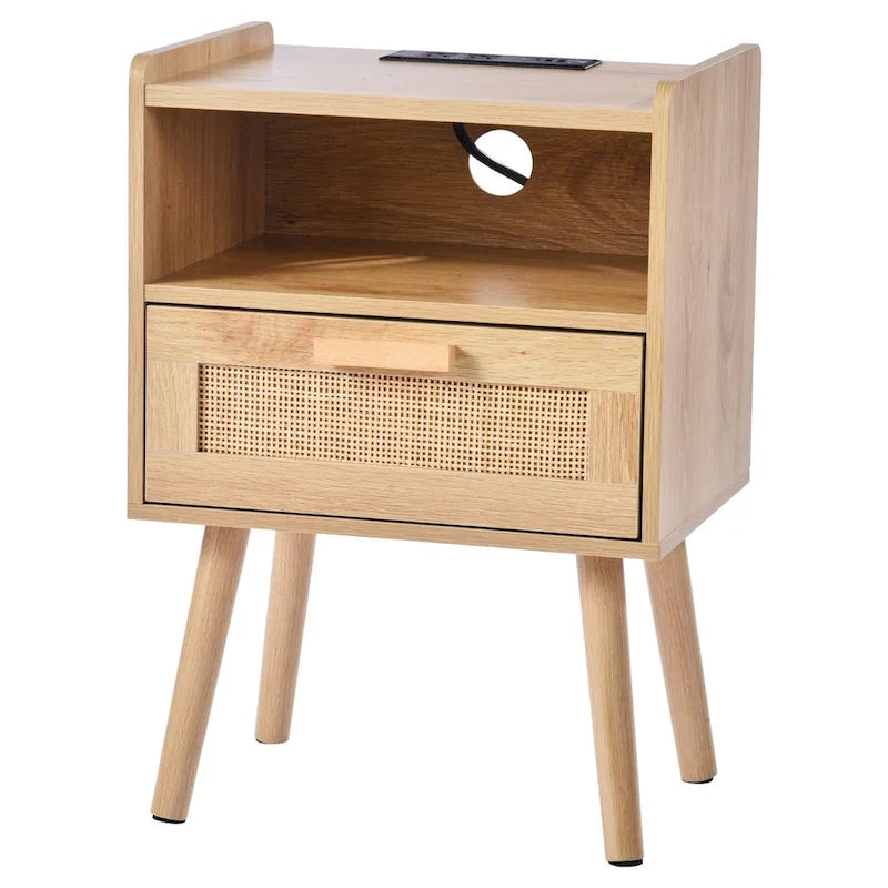 Natural Wooden Nightstand End Table with 1 Drawer and Open Shelf Suitable for Living Room or Bedroom