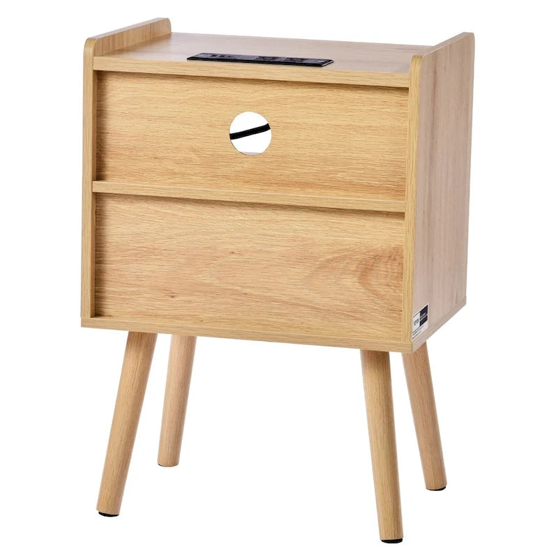 Natural Wooden Nightstand End Table with 1 Drawer and Open Shelf Suitable for Living Room or Bedroom