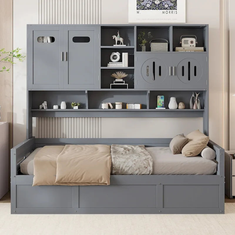 Twin Daybed with Hydraulic Lift, 3 Storage Spaces & Built-in Shelves and Cabinets