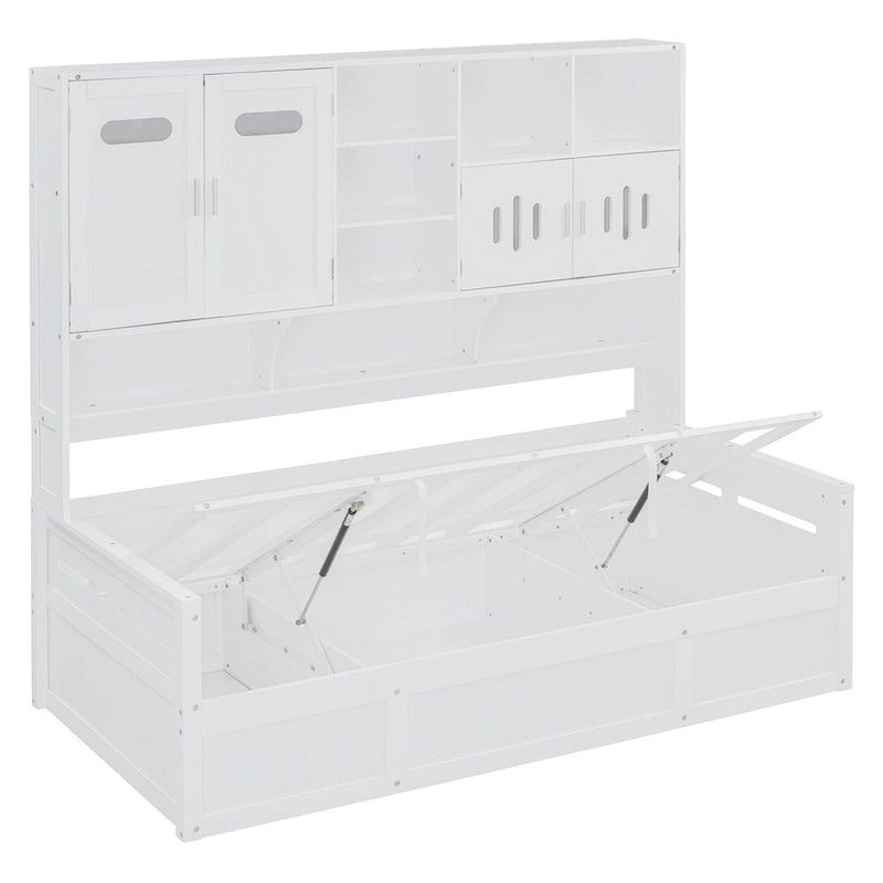 Twin Daybed with Hydraulic Lift, 3 Storage Spaces & Built-in Shelves and Cabinets