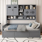 Twin Daybed with Hydraulic Lift, 3 Storage Spaces & Built-in Shelves and Cabinets