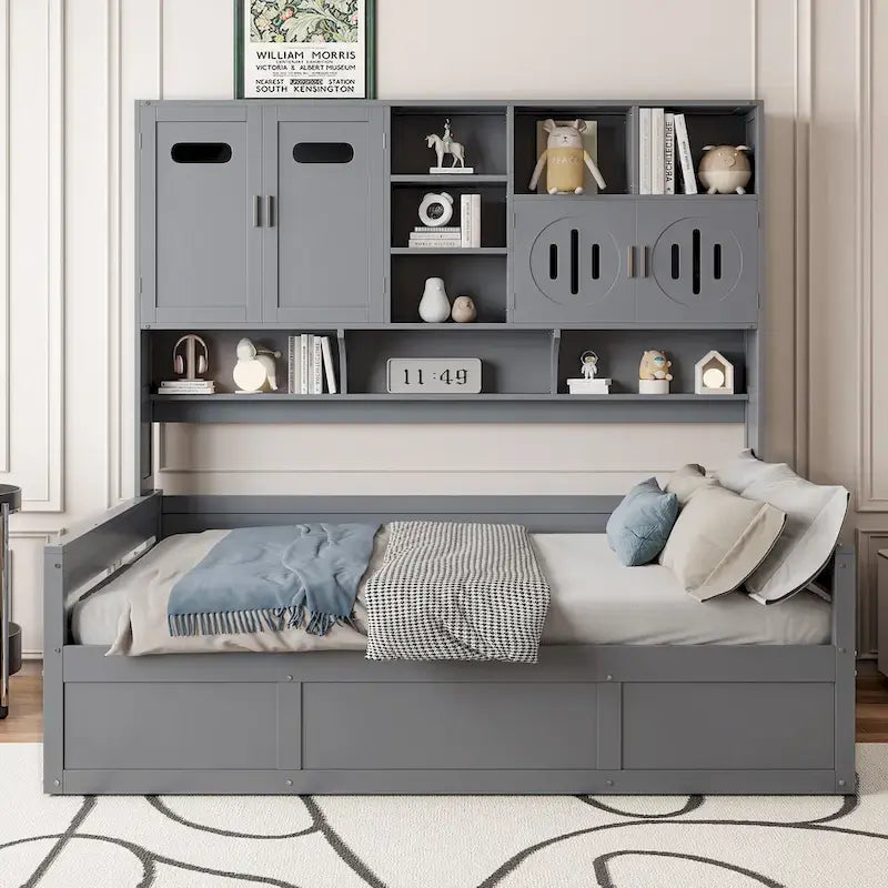 Twin Daybed with Hydraulic Lift, 3 Storage Spaces & Built-in Shelves and Cabinets