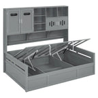 Twin Daybed with Hydraulic Lift, 3 Storage Spaces & Built-in Shelves and Cabinets