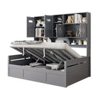 Twin Daybed with Hydraulic Lift, 3 Storage Spaces & Built-in Shelves and Cabinets