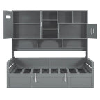 Twin Daybed with Hydraulic Lift, 3 Storage Spaces & Built-in Shelves and Cabinets
