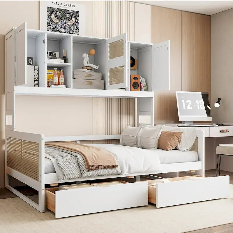 Twin Daybed with Storage Drawers, Cabinet, and Shelf, Sturdy Wood Construction