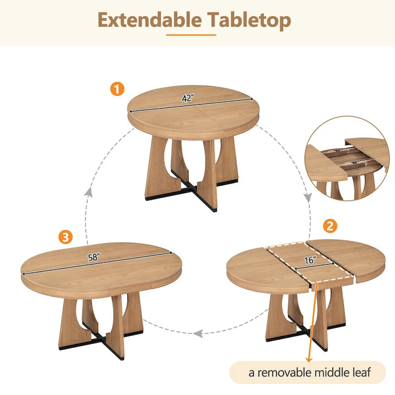 5 Piece Extendable Dining Table Set Retro Round Dining Table and Chair Sets with Geometric Design for Kitchen Dining Room