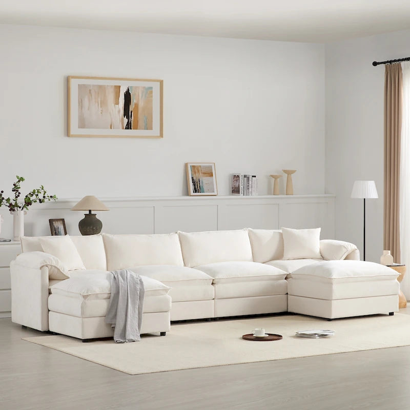 136  U-Shaped Chenille Cloud Sectional Sofa with Dual Ottomans