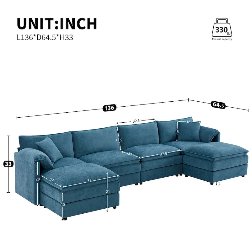 136  U-Shaped Chenille Cloud Sectional Sofa with Dual Ottomans