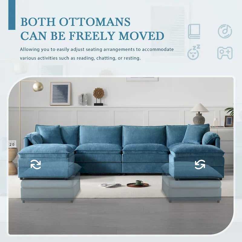 136  U-Shaped Chenille Cloud Sectional Sofa with Dual Ottomans