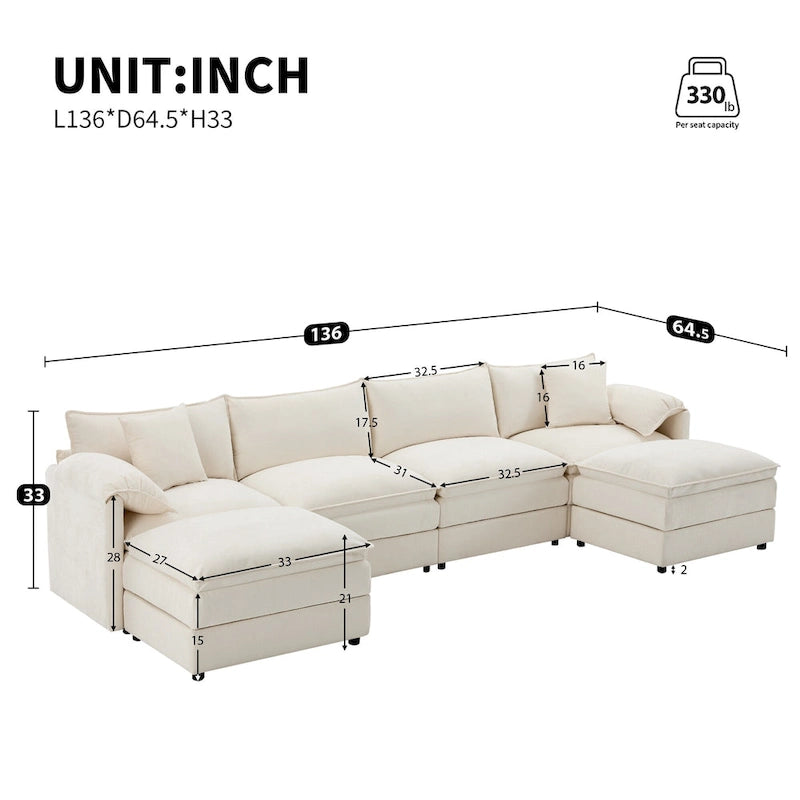 136  U-Shaped Chenille Cloud Sectional Sofa with Dual Ottomans