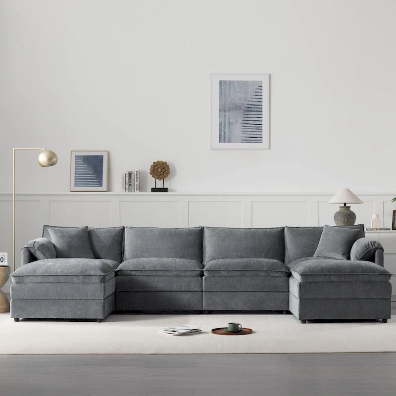 136  U-Shaped Chenille Cloud Sectional Sofa with Dual Ottomans