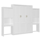 Queen Size Murphy Bed Wall Bed with Desk, Mirror and Vanity, Wooden Foldable Murphy Cabinet Bed with Storage Cabinets