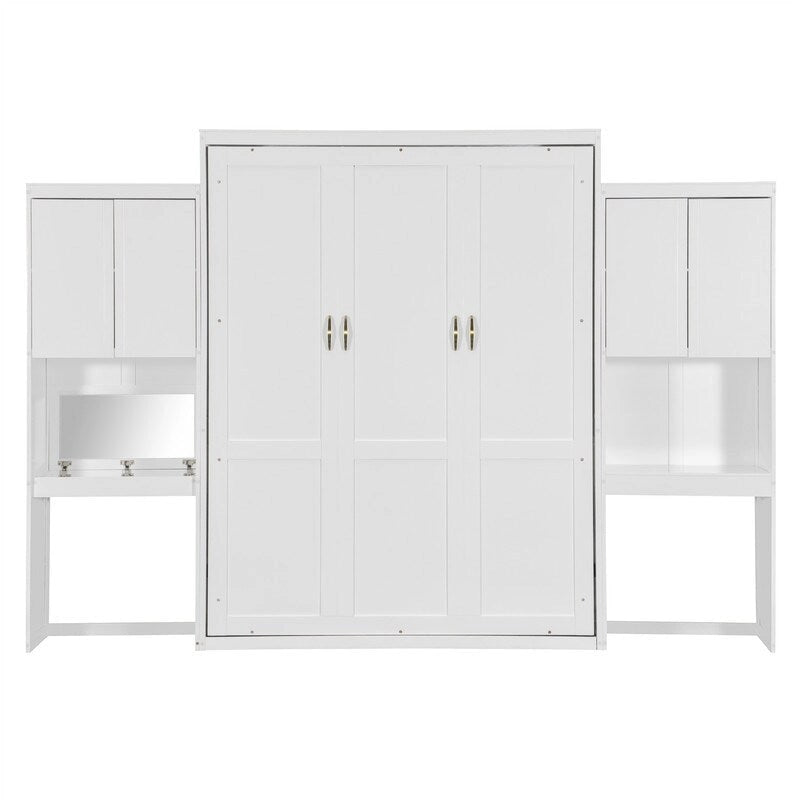 Queen Size Murphy Bed Wall Bed with Desk, Mirror and Vanity, Wooden Foldable Murphy Cabinet Bed with Storage Cabinets