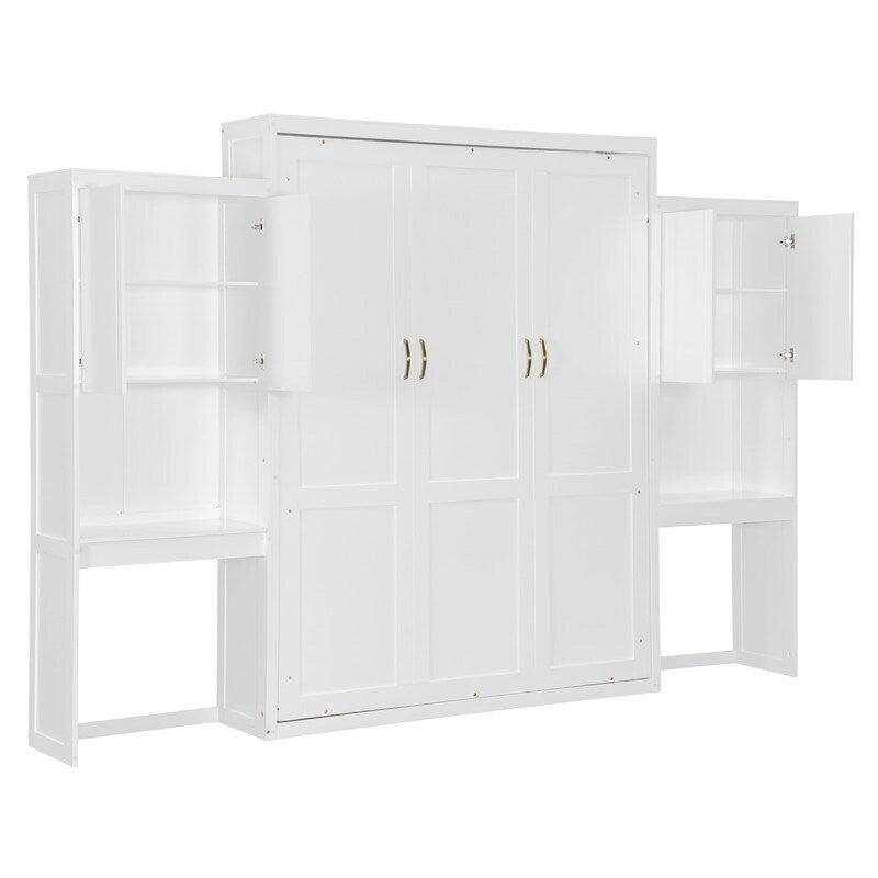 Queen Size Murphy Bed Wall Bed with Desk, Mirror and Vanity, Wooden Foldable Murphy Cabinet Bed with Storage Cabinets