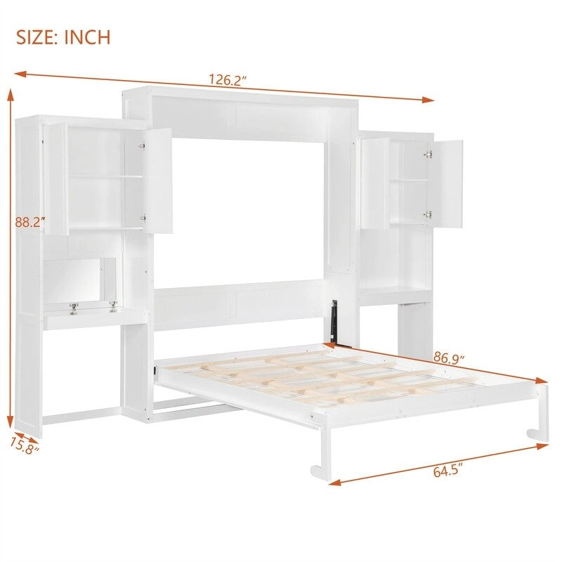 Queen Size Murphy Bed Wall Bed with Desk, Mirror and Vanity, Wooden Foldable Murphy Cabinet Bed with Storage Cabinets