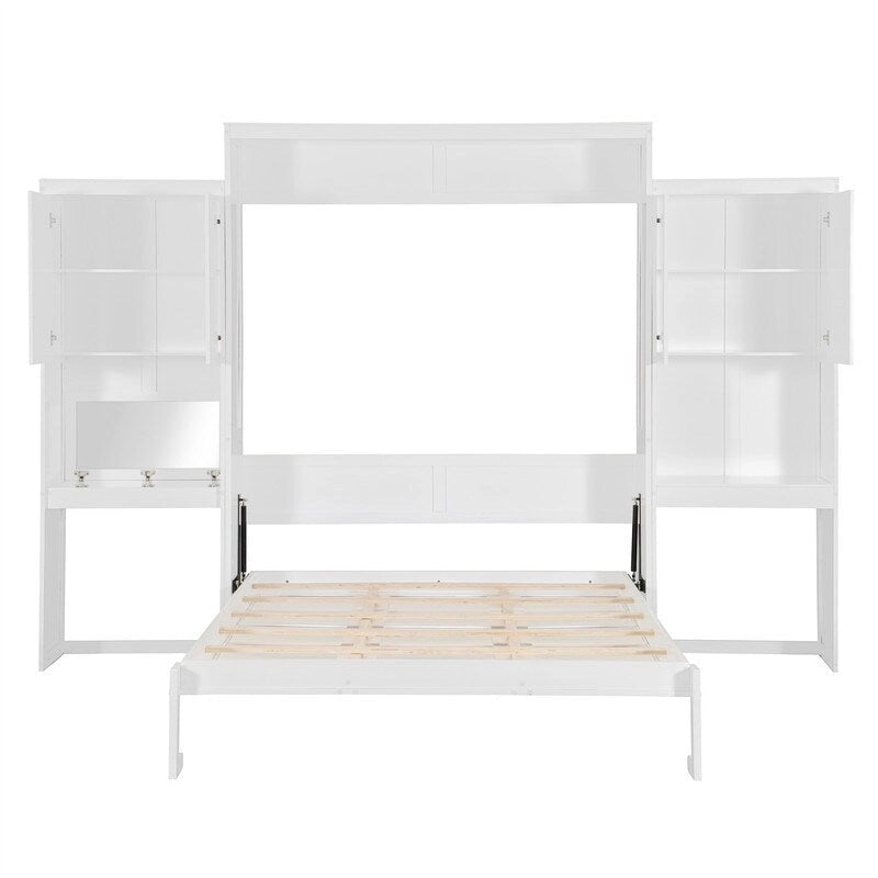 Queen Size Murphy Bed Wall Bed with Desk, Mirror and Vanity, Wooden Foldable Murphy Cabinet Bed with Storage Cabinets